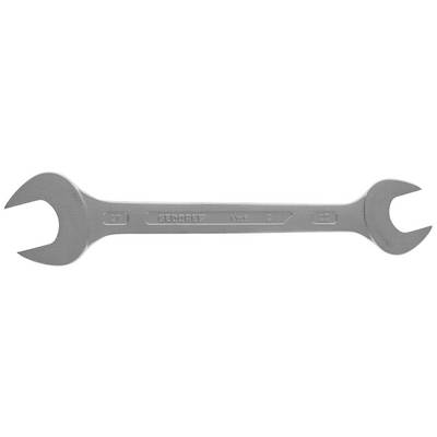 A silver double-ended spanner with 21 mm and 23 mm sizes, made of metal, lying flat on a white surface.
