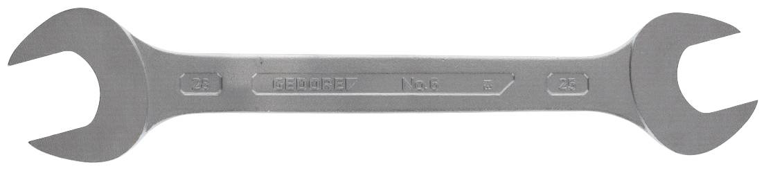 Double-sided metal spanner with a larger jaw profile on the left and a smaller jaw profile on the right.