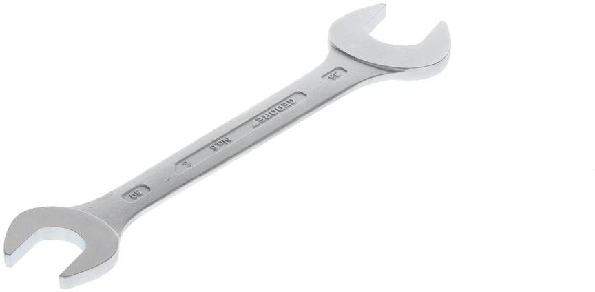 A silver double-ended spanner with sizes 19 and 22 mm, lies at an angle on a white background.