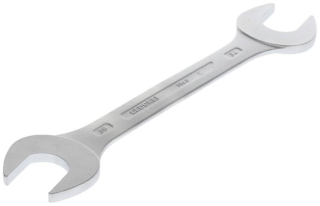 Silver fork spanner with two differently sized fork openings, displayed horizontally.