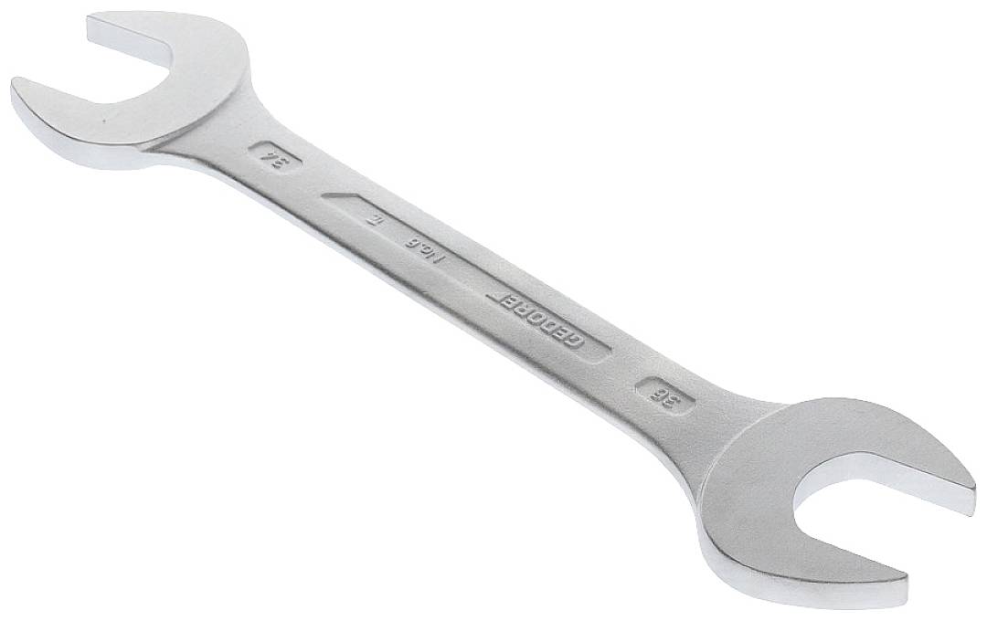 Open-ended spanner made of metal with two open ends of different sizes, designed to fit various screw and bolt sizes.