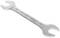 Open-ended spanner made of metal with two open ends of different sizes, designed to fit various screw and bolt sizes.