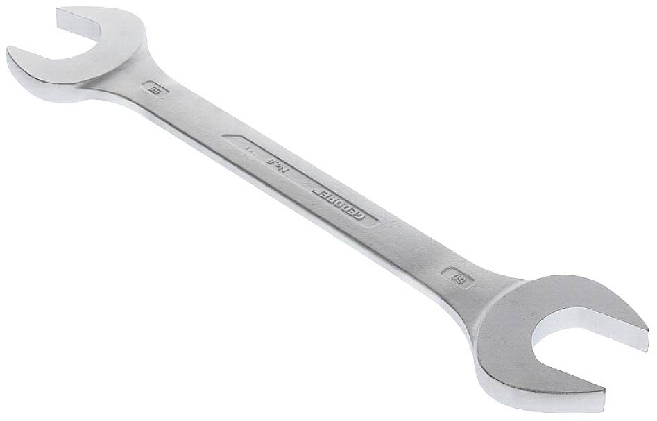 A silver double open-ended spanner with 12 mm and 13 mm sizes on both ends, lying on a white background.