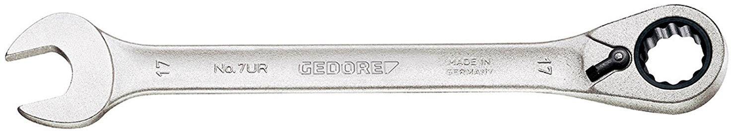 A silver ratchet spanner with 17mm size, displaying the 'GEDORE' brand and the inscription 'NO 7 LR'.