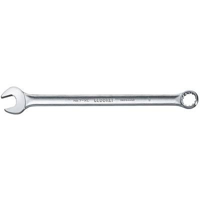 A silver ring spanner with open and closed ends; 'GEDORE' engraving. Primarily used for mechanical work.