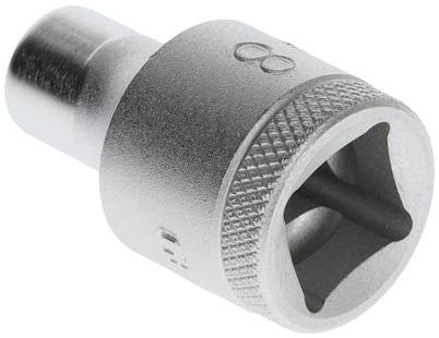 A silver socket extension with an opening for a spanner. Suitable for use with various screw sizes.