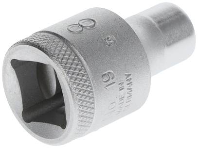 Metal nut with embossing '19' and '8', probably part of a socket wrench set, shows knurled grip and square drive.