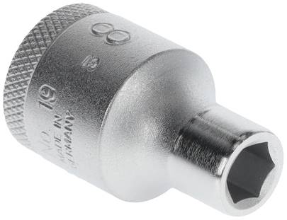 Metallic socket extension in cylindrical form, with knurled surface and hexagonal opening, engraved on the side.