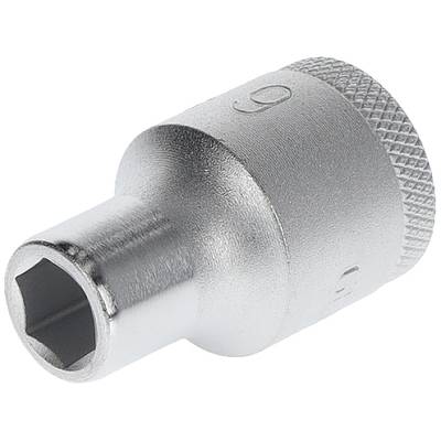 Metallic socket with a hexagonal opening, suitable for screwdrivers. Upper section knurled for improved grip, with engraved numbering.