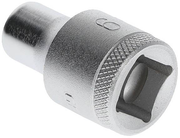 A silver 6-millimetre socket insert with a round shape and knurled handle for improved grip.
