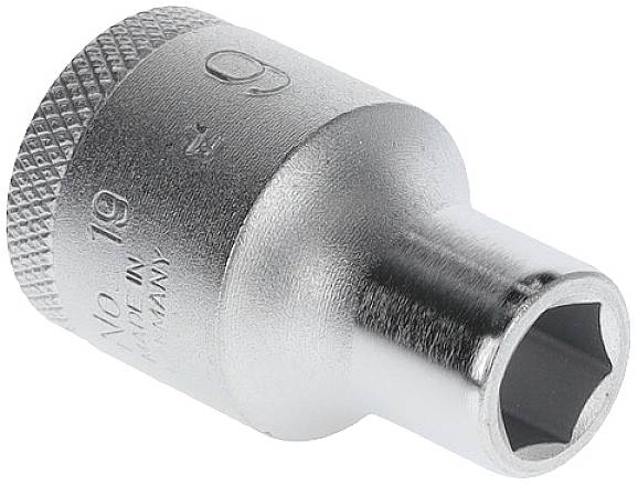 Hexagonal socket adaptor made of chrome-vanadium steel, 19 mm size, suitable for screw work.