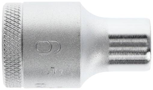 Hexagonal metal socket insert with knurled edge for improved grip. 13 mm size, matt finish.