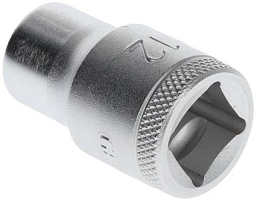Silver socket nut with the engraving '12', used for socket keys, shows a square opening to adapt to the tool.