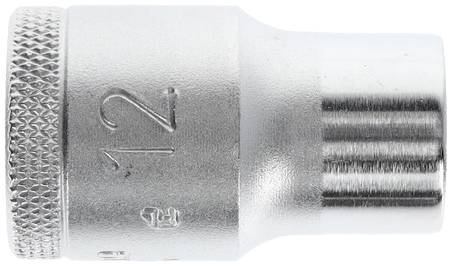 Close-up of a silver pin badge with the embossed number '12'.