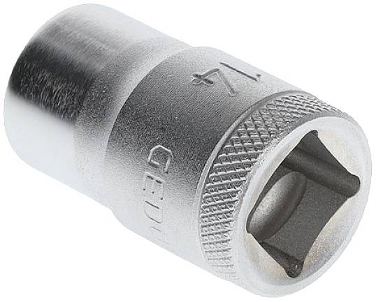 A silver metal socket extension with a knurled handle.