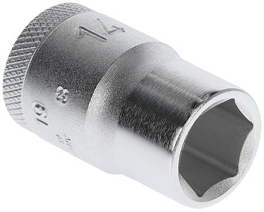 Metal socket spanner, hexagonal, for use with a ratchet or socket wrench handle.