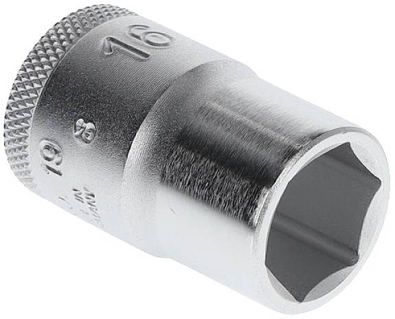 Metallic hexagonal socket nut, shiny, with no visible markings, on a white background.