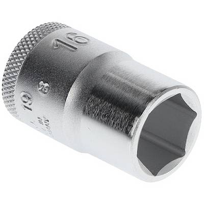 Metallic hexagonal socket nut, shiny, with no visible markings, on a white background.