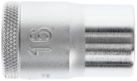 Silver socket insert with engraved number '16', knurled handle for better grip, suitable for screw-related work.
