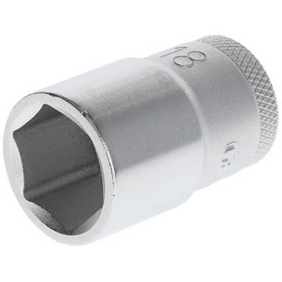 A silver hexagonal socket adaptor with a six-sided internal profile for screw nuts, with size marking and knurling on the side for improved grip.