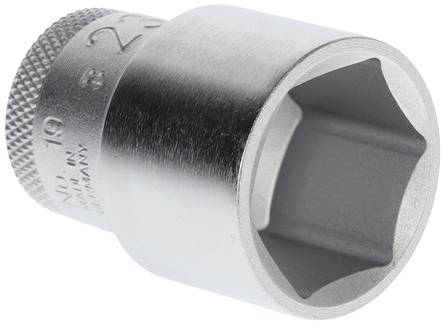 Metallic socket with a fluted edge and hexagonal internal section. Inscription '19' and 'Made in Germany' visible on the exterior surface.
