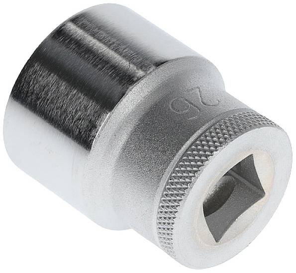Metal socket with hexagonal internal opening and knurled edge, used for socket wrench tools.