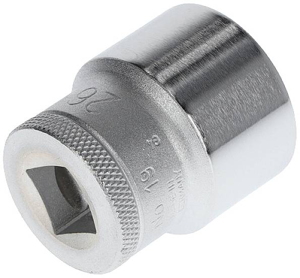 A metal socket, shiny, cylindrical with a knurled handle. Used for loosening or tightening screws with a socket wrench.