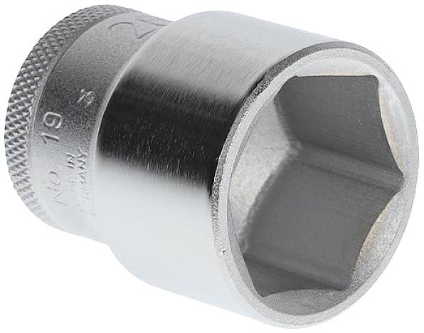 A chrome-plated hexagonal socket attachment with a 19 mm diameter, suitable for mechanical work on vehicles and machinery.