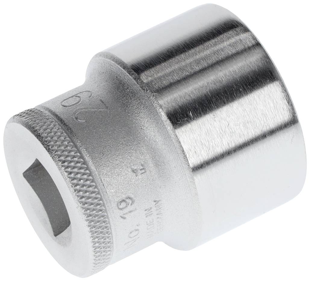 A silver metal socket insert, cylindrically shaped with a square drive and a knurled upper edge for improved grip.