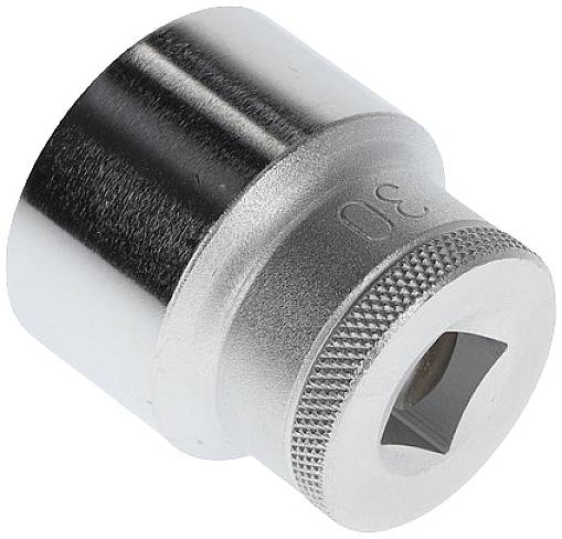 Metal socket head of a socket wrench with the number '30' engraved, indicating the size.