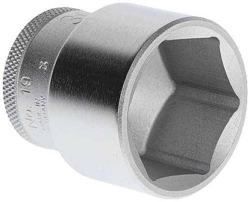 A six-sided metal socket attachment, size 19, with knurled edge, for tightening screws and nuts.