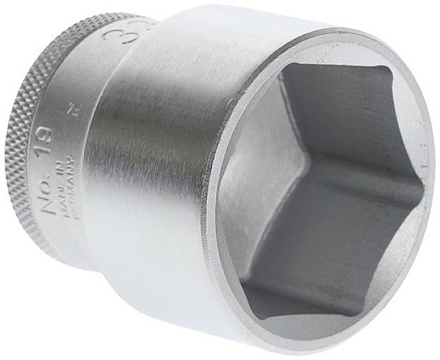 A silver-coloured socket attachment with a hexagonal opening, suitable for 19-mm nuts and bolts.
