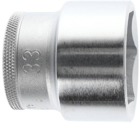 A silver socket insert with the engraving '33', glossy and cylindrically shaped, for use with a ratchet.
