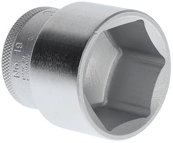 Metallic hexagonal socket nut, smooth and shiny, set against a white background.