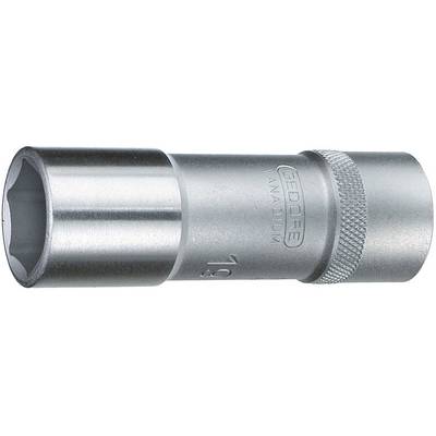 Metal socket of a tool with a textured surface. Embossed numbers and markings indicating size and manufacturer.