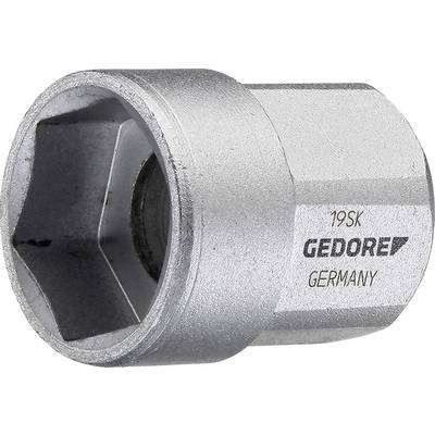 Hexagonal socket wrench with 'GEDORE 19SK GERMANY' inscription, open metal construction on the left side, used for fastening screws.