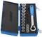 A ratchet socket set with a blue handle and multiple socket attachments in various sizes, neatly arranged in a case.