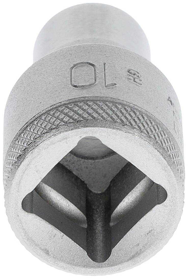 A silver-coloured nut attachment for tools with a size of 10 mm, showing the square socket for mounting on ratchets.