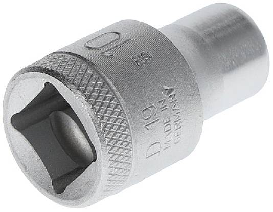 A silver-coloured socket with a size of 10 mm, manufactured in Germany, with a knurled handle and square drive opening.