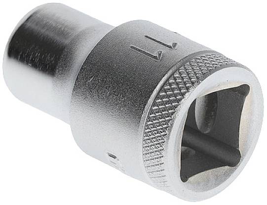 Small metal tin with a ribbed surface and a square interior, possibly part of a tool.