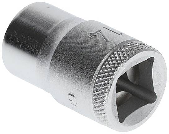 Metal adapter in cylindrical form with a knurled handle. Features an open, square aperture at one end.