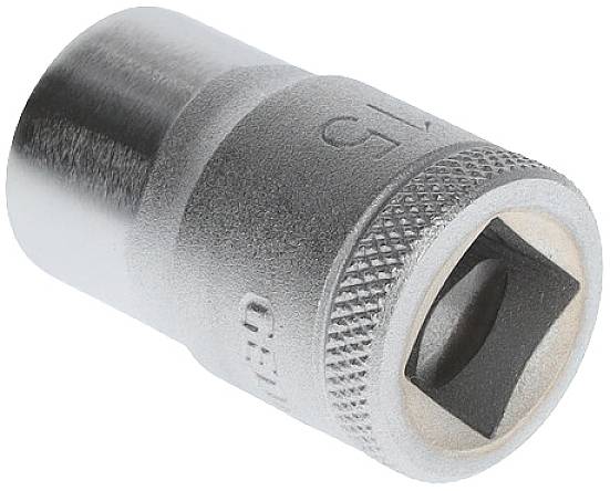 A silver socket insert, size 15 mm, with knurled handle for better grip.