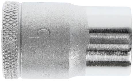 Metallic socket wrench insert with a knurled grip, marked with size '15' on the side, for craft and workshop tasks.