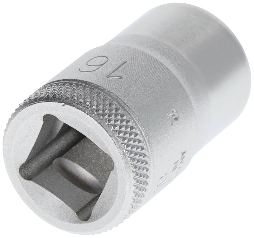 A silver socket with a 16 mm marking, used for screw work. Shows the square connection for attachment to a tool.