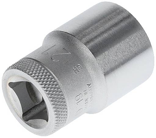 Metal socket with knurling and embossed size '21', used for screw work on nuts and bolts of various sizes.