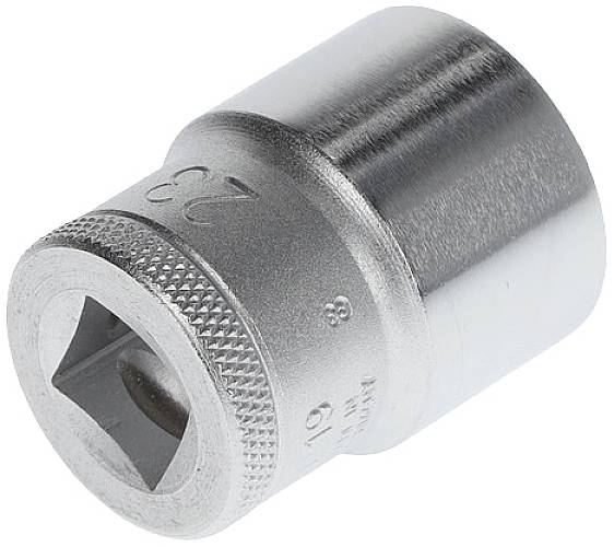 Metal socket attachment in silver with knurled end and square opening, suitable for ratchets or torque wrenches.