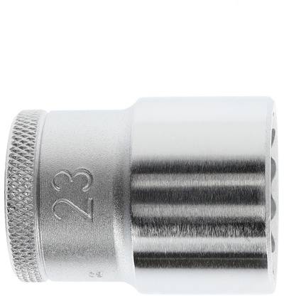 Metallic socket for a wrench, numbered '23'. Knurled surface for improved grip. Silver-coloured, shiny.