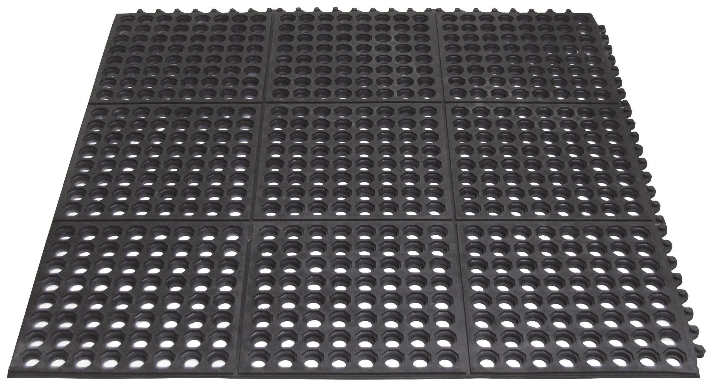 A black rubber mat with round holes, used as a non-slip surface for work areas or entrances.