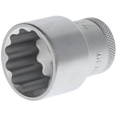 Metal multi-tooth socket in side view. Ridging at the rear end for better grip. Suitable for tools and repairs.