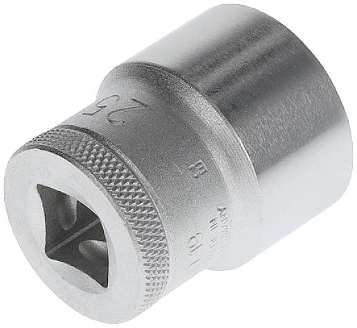 Metal hexagonal socket wrench, cylindrical in shape, with a knurled handle for improved grip, used for screw-related tasks.